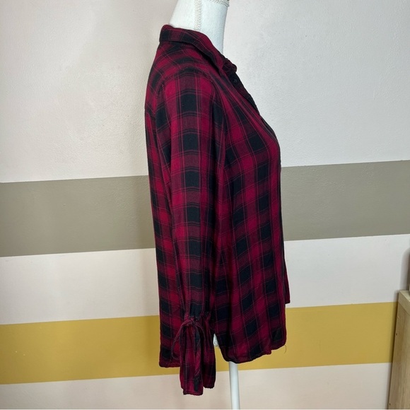 2/$25 Express Burgundy Buffalo Plaid Lightweight Bell Sleeve Flannel Button Down - Picture 6 of 12